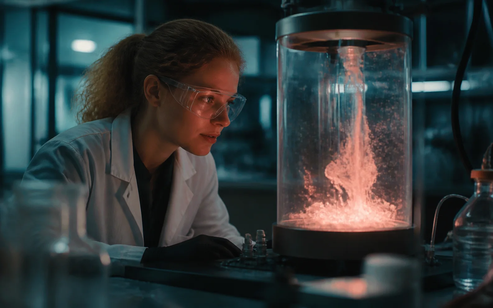 A cinematic laboratory scene used as a text-to-video direction example